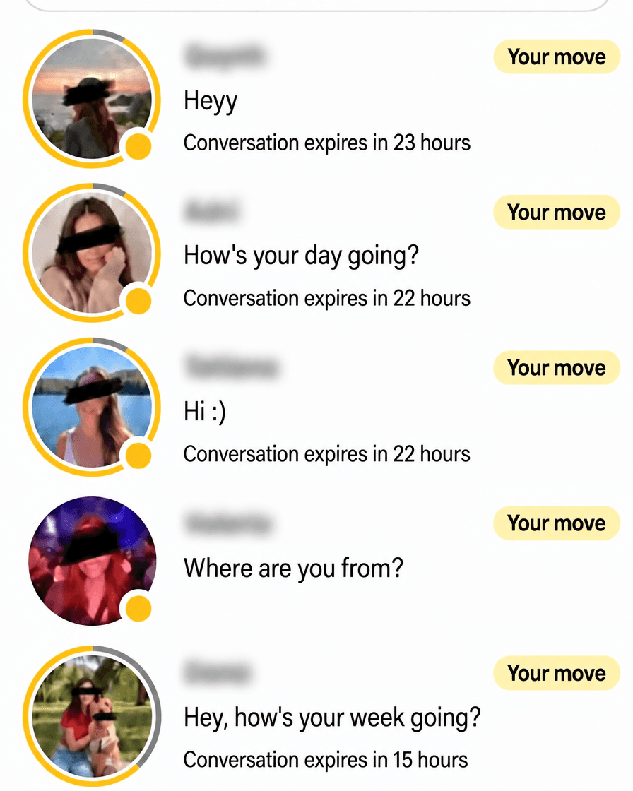 A dating app inbox with five new conversations waiting on his reply