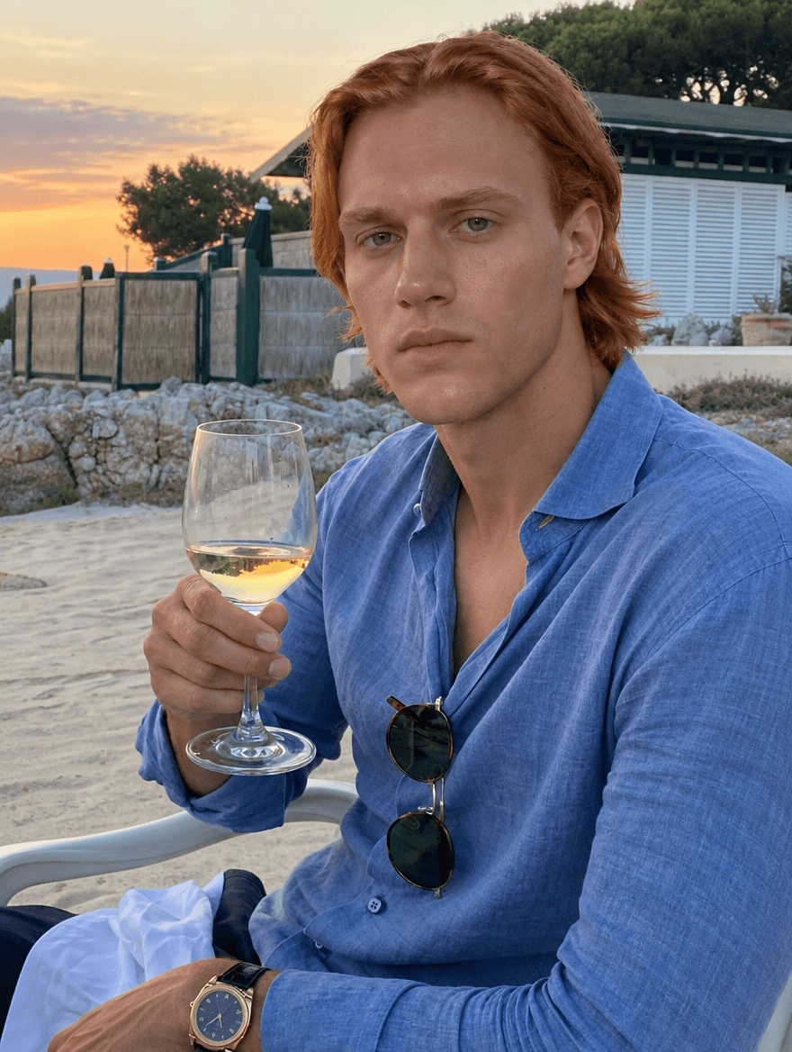 Man in a blue linen shirt holding a glass of white wine at sunset by the sea