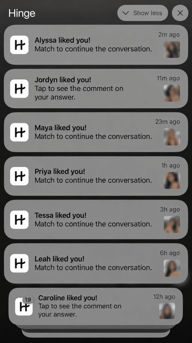 A phone lock screen full of Hinge notifications saying women liked him
