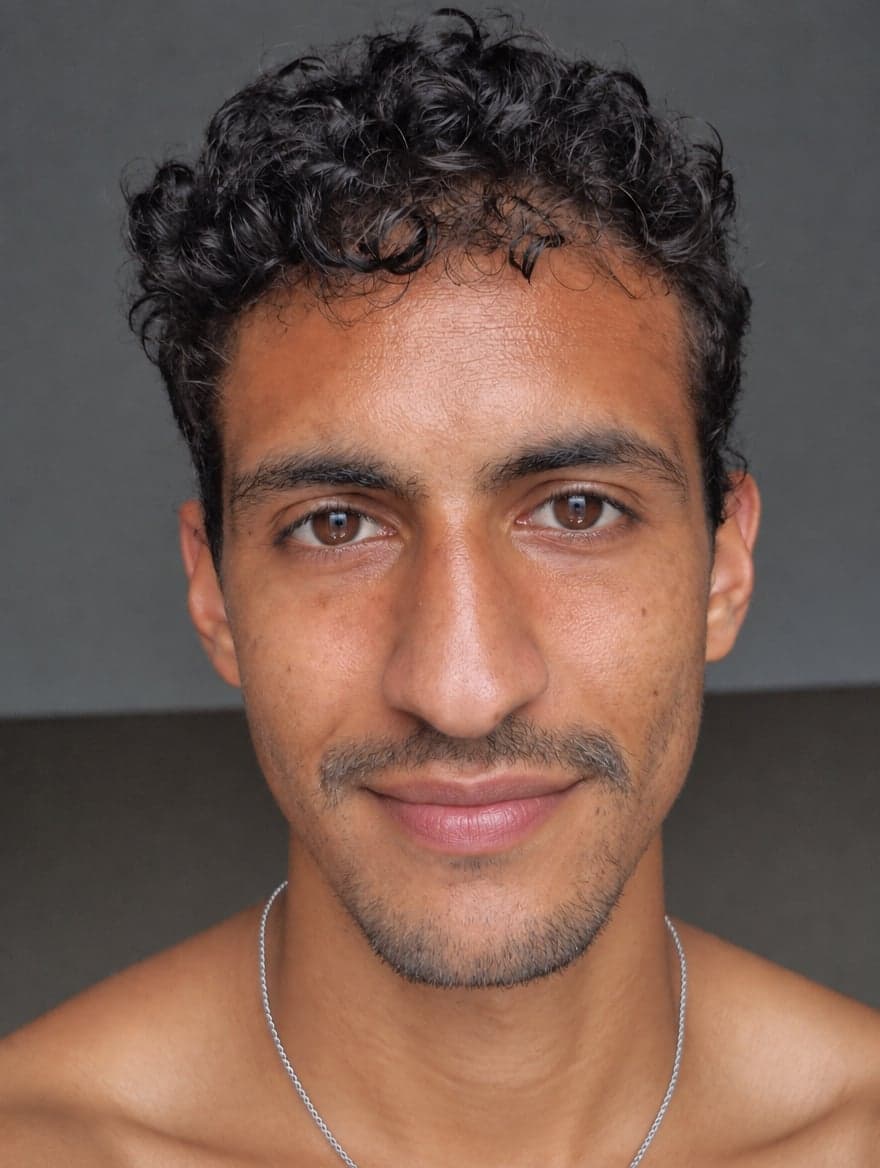 Phone headshot of the same man with a slight smile, grey wall