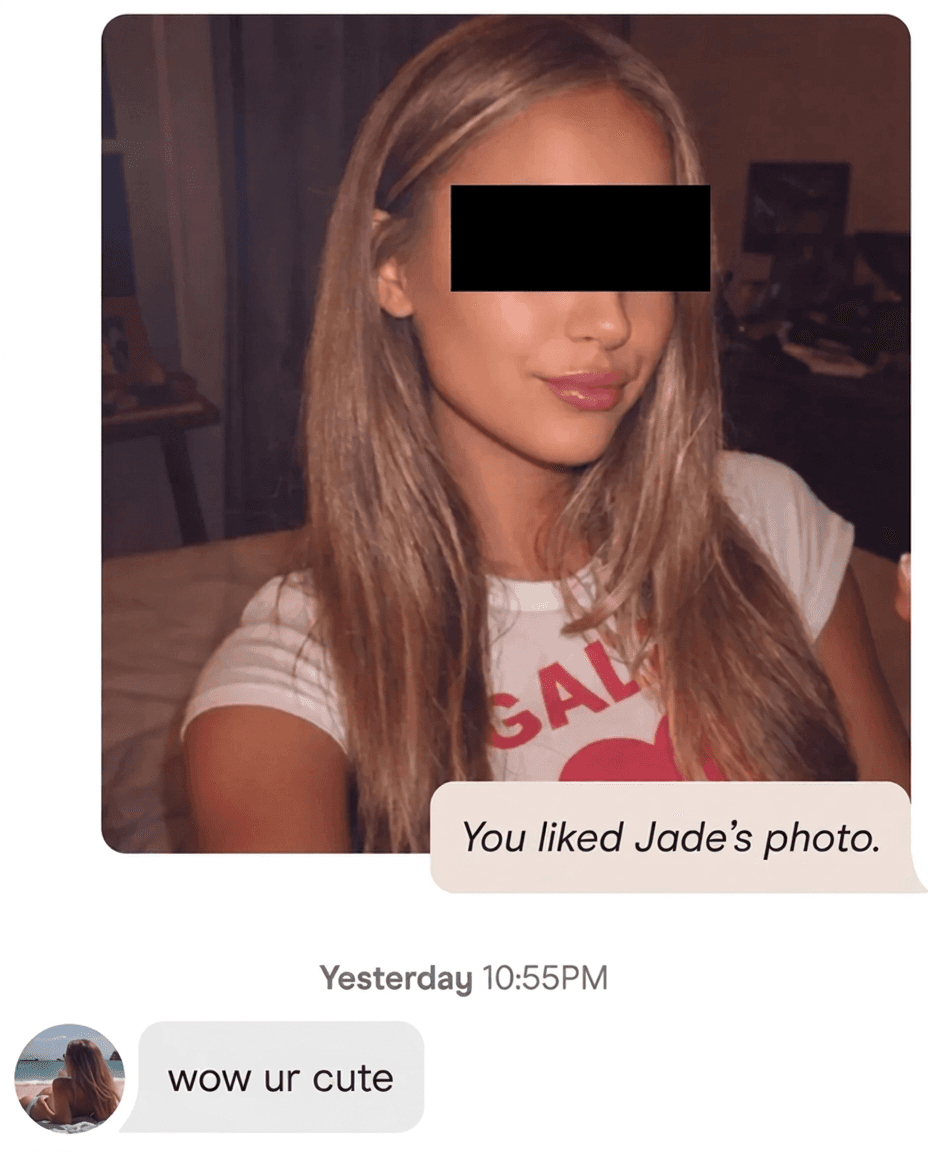 A match messaging him wow ur cute after he liked her photo